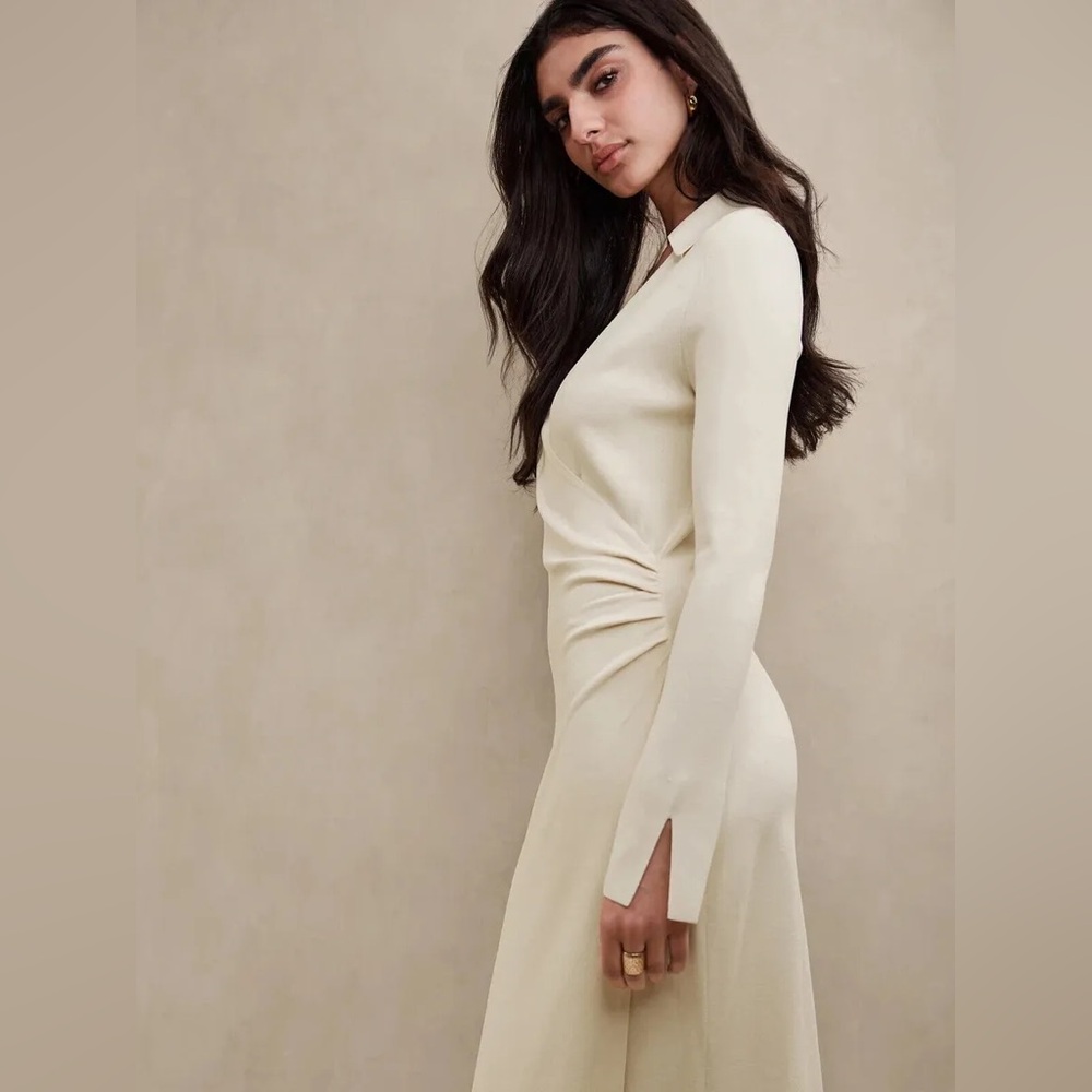 Winter Wardrobe Brand New Banana Republic Ghita Polo Wrap Sweater Dress, Cream